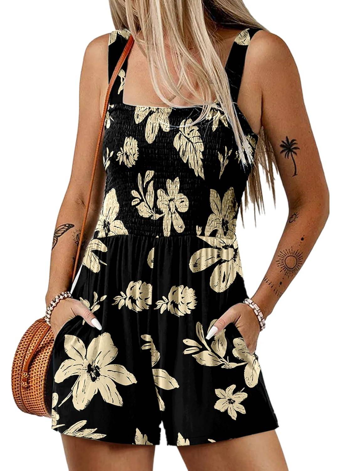 ⏰Hot Sale 49% Off💃Women's Summer Square Neck Sleeveless Loose Casual Short Smocked Romper✨