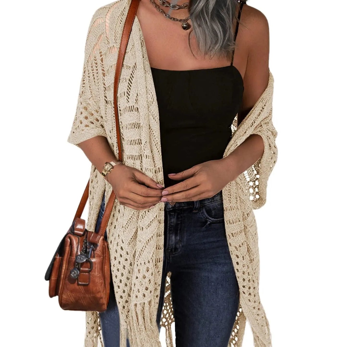 🔥This Week's Special Price:£15.99!!😍Women’s Oversized Knit Cardigan – Lightweight Crochet Tassel Kimono for Spring & Summer 🌸