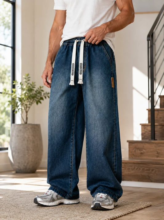 Men's Drawstring Wide-Leg Baggy Denim Jeans