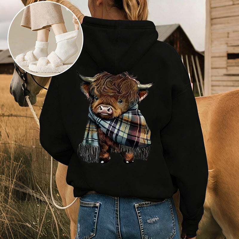 🎄HOT SALE 50% OFF!!🎁Cute Highland Cow Cozy Fleece-Lined Hooded Sweatshirt🦬✨Perfect Gift for Her!