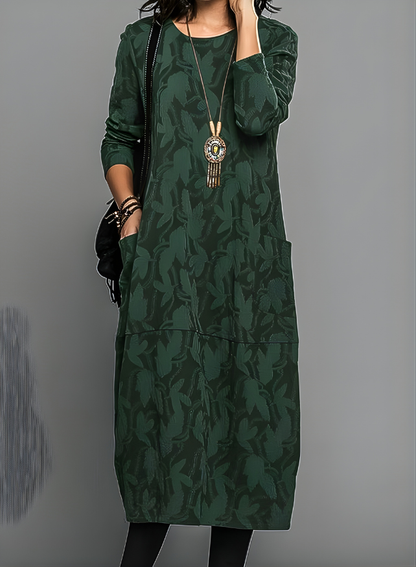 Midi Women's Dress with Jacquard Pattern and Pockets