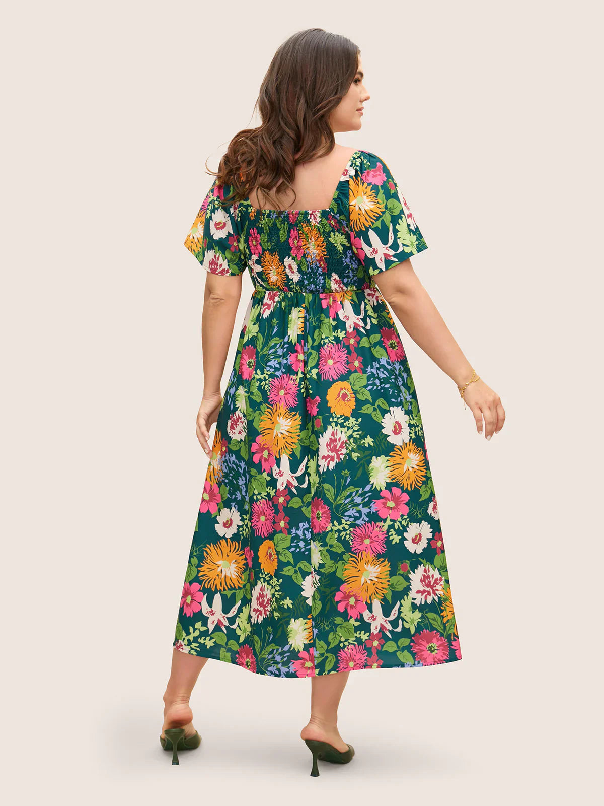 💃Summer Hot Sale 70% OFF🌈Floral Smocked Square Neck Midi Dress with Pockets