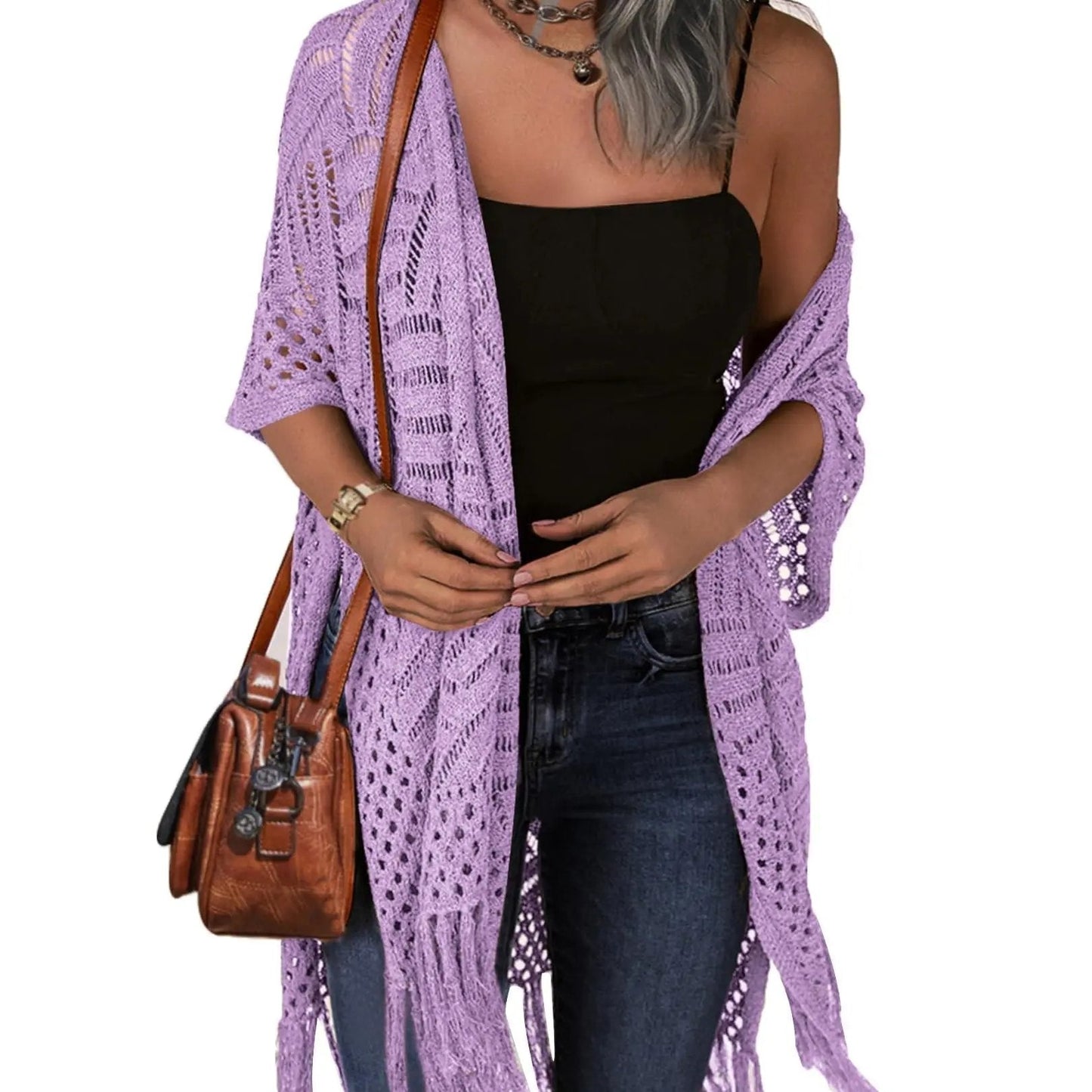 🔥This Week's Special Price:£15.99!!😍Women's Oversized Knitted Cardigan with Crochet Knit and Tassel Trim for Spring & Summer