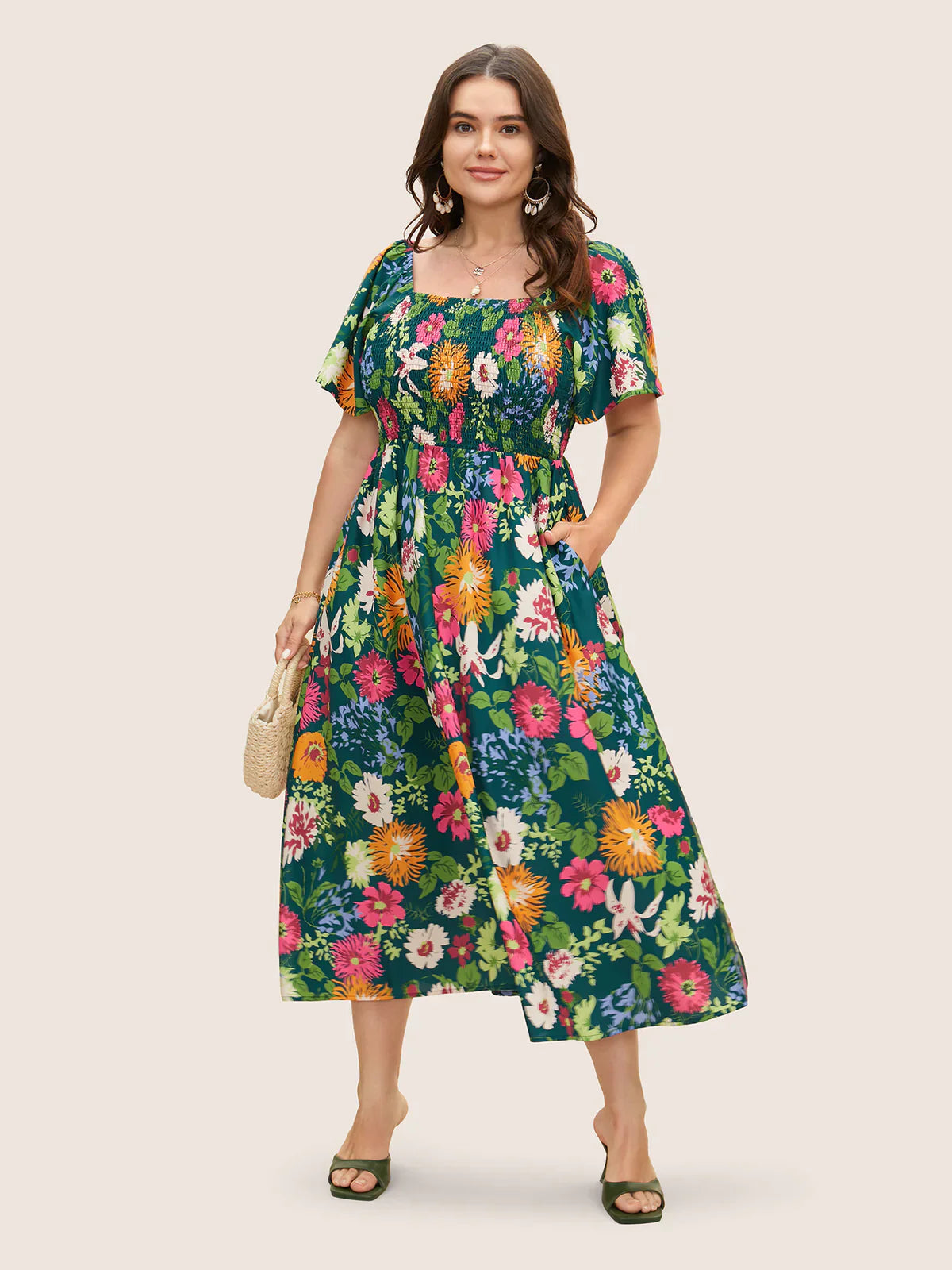 💃Summer Hot Sale 70% OFF🌈Floral Smocked Square Neck Midi Dress with Pockets