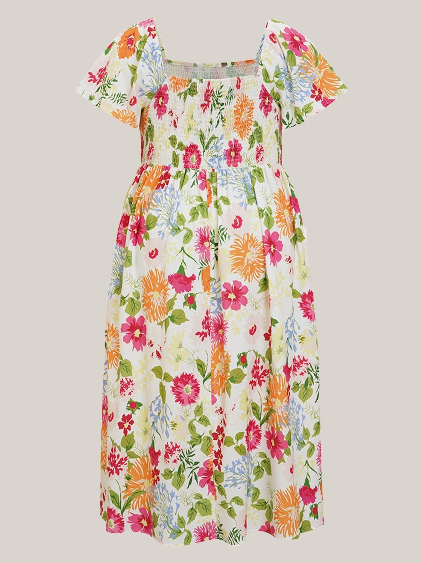 💃Summer Hot Sale 70% OFF🌈Floral Smocked Square Neck Midi Dress with Pockets