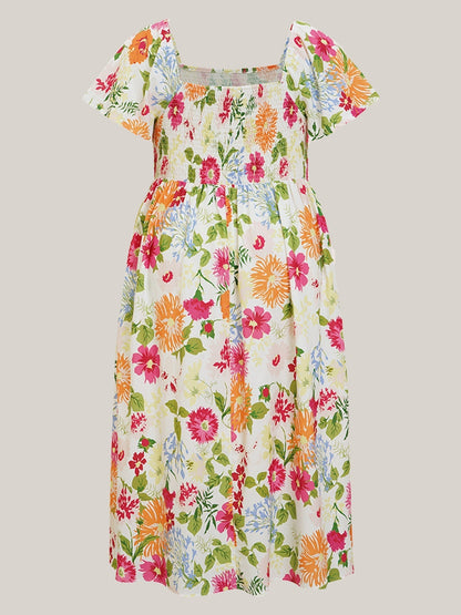 💃Summer Hot Sale 70% OFF🌈Floral Smocked Square Neck Midi Dress with Pockets