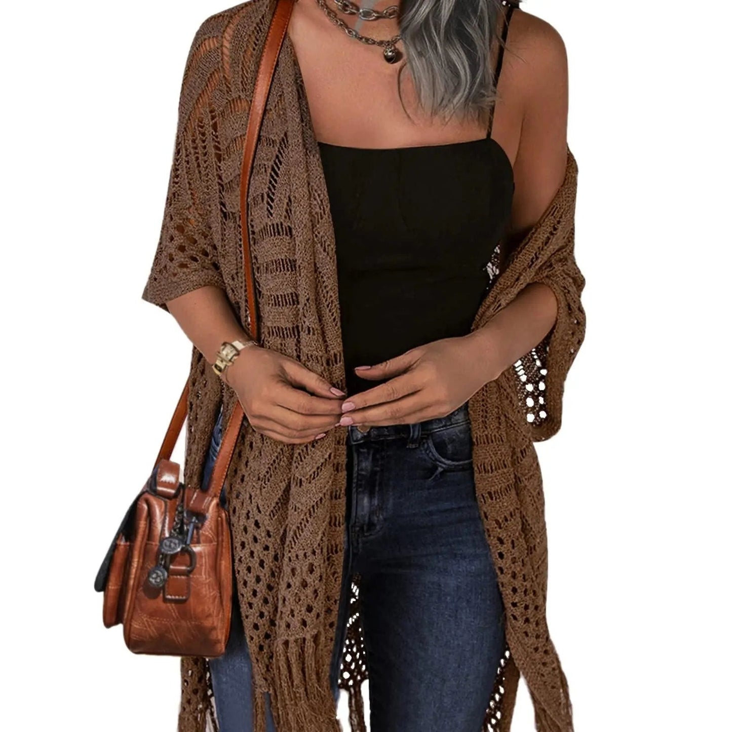 🔥This Week's Special Price:£15.99!!😍Women’s Oversized Knit Cardigan – Lightweight Crochet Tassel Kimono for Spring & Summer 🌸