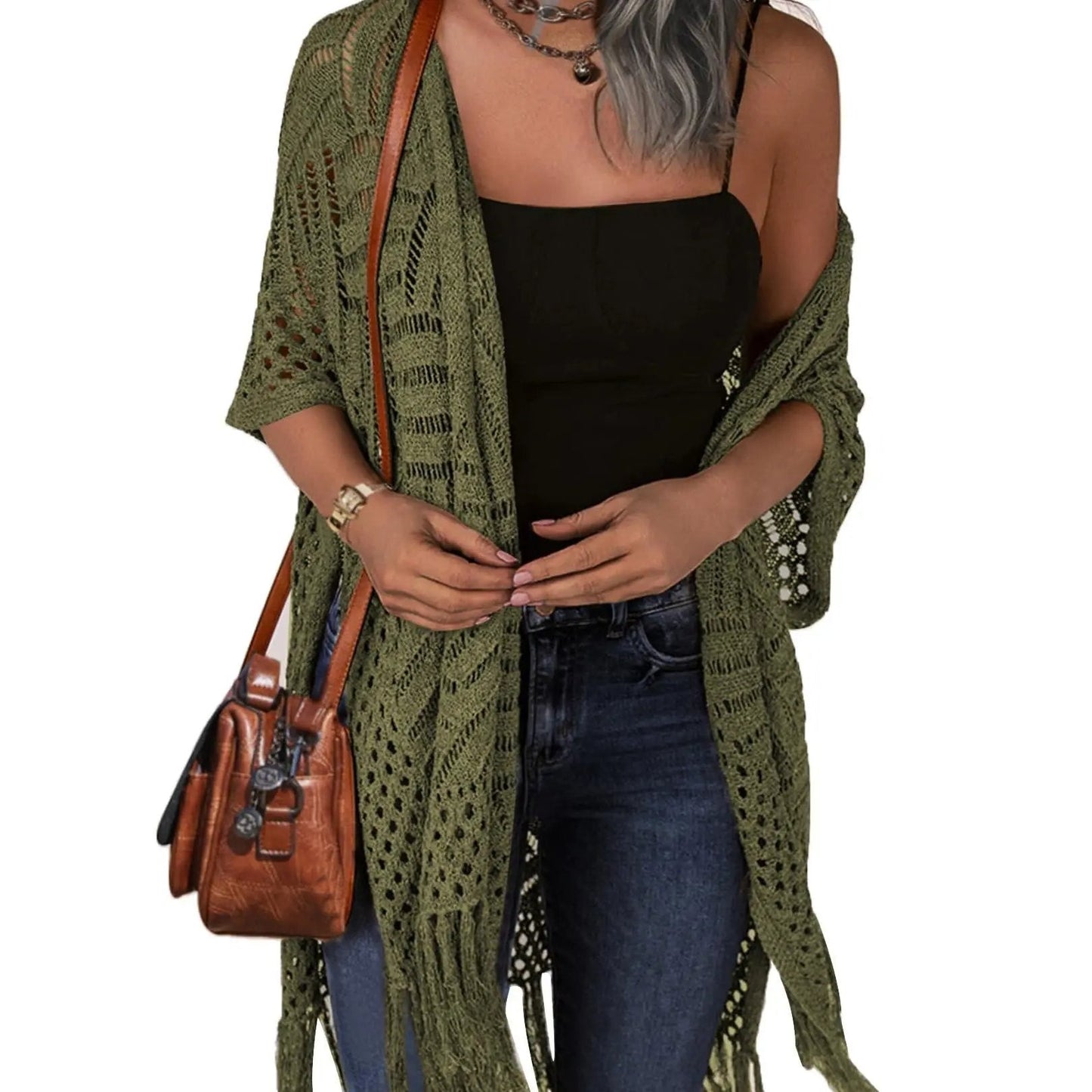 🔥This Week's Special Price:£15.99!!😍Women's Oversized Knitted Cardigan with Crochet Knit and Tassel Trim for Spring & Summer