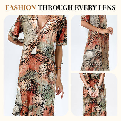 Printed Linen-Cotton Midi Dress – V-Neck & Relaxed Elegance