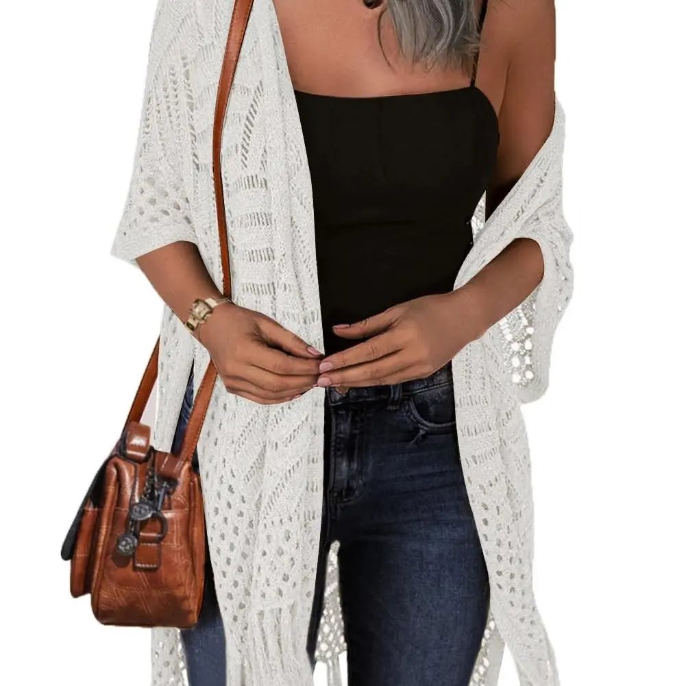 🔥This Week's Special Price:£15.99!!😍Women's Oversized Knitted Cardigan with Crochet Knit and Tassel Trim for Spring & Summer