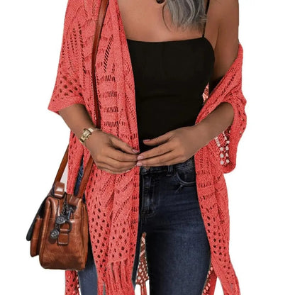 🔥This Week's Special Price:£15.99!!😍Women's Oversized Knitted Cardigan with Crochet Knit and Tassel Trim for Spring & Summer