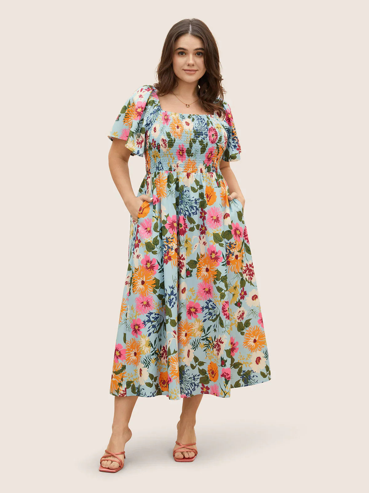 💃Summer Hot Sale 70% OFF🌈Floral Smocked Square Neck Midi Dress with Pockets
