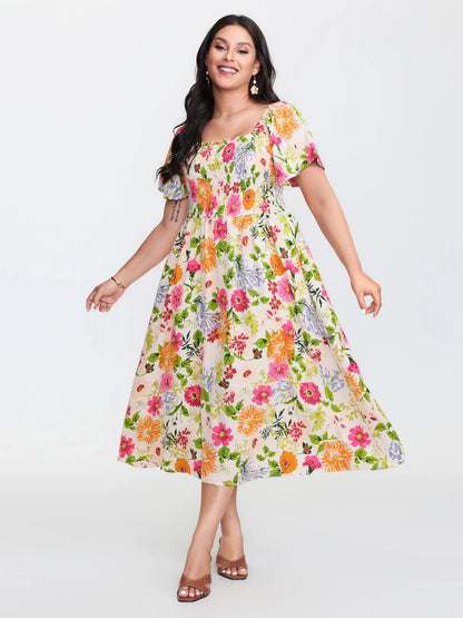 💃Summer Hot Sale 70% OFF🌈Floral Smocked Square Neck Midi Dress with Pockets