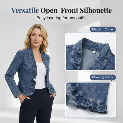 🥳2026 HOT SALE🥳💞50K+ SOLD!👵☀️ 56% OFF! Open-Front Denim Jacket – No buttons, easy on/off. Flattering ruffle trim, breathable fabric. Classic blue wash. A versatile wardrobe staple. 🌿✅