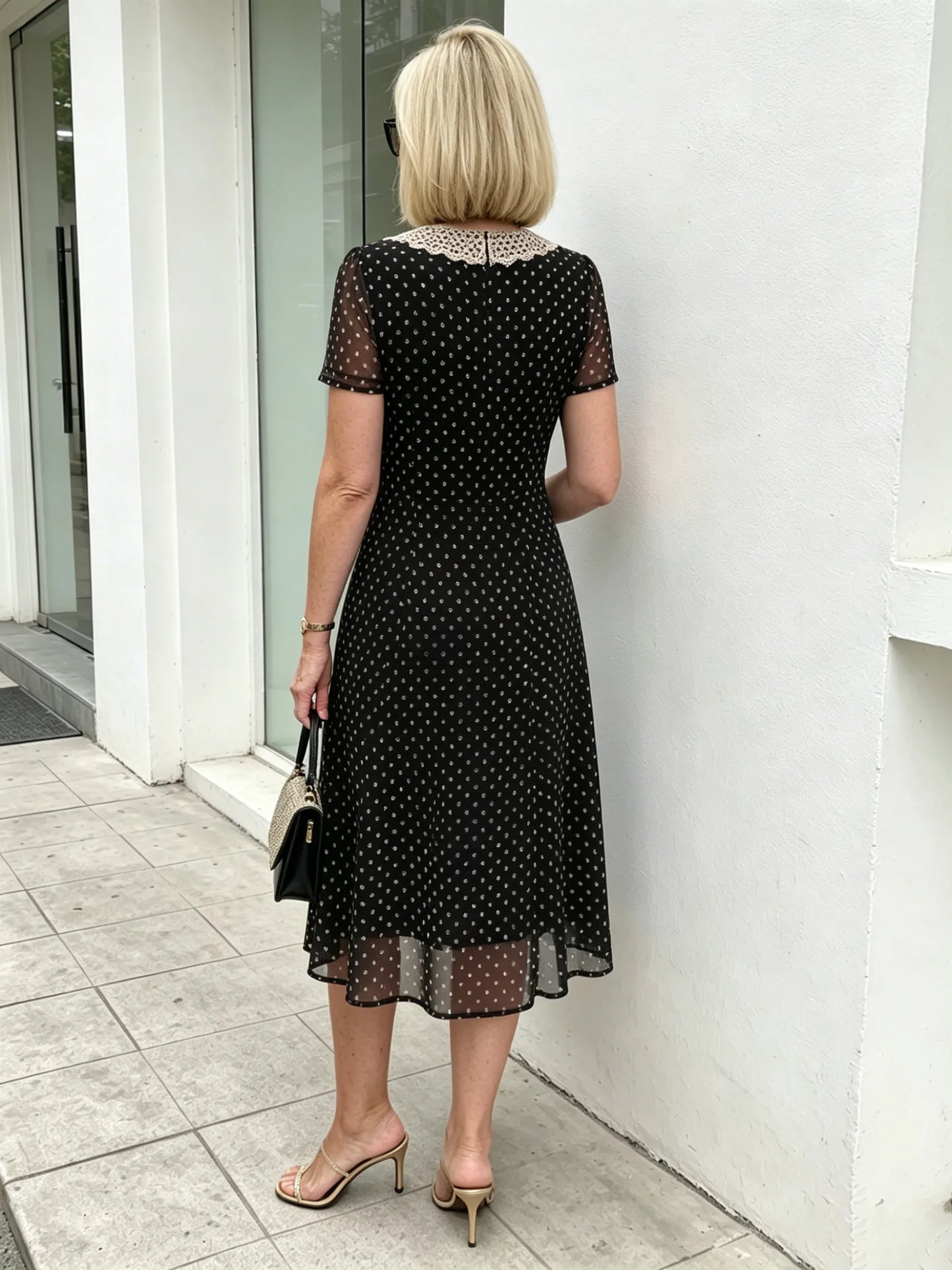 💃Black Polka Dot Mesh Midi Dress for Mature Women