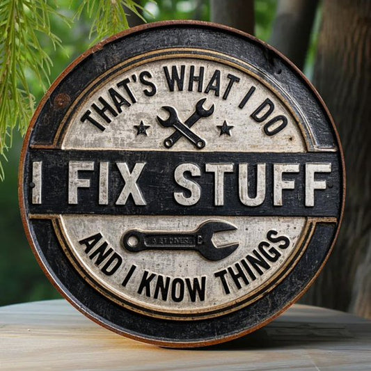 “That’s What I Do, I Fix Stuff & I Know Things” Vintage Metal Sign – Funny Man Cave Decor