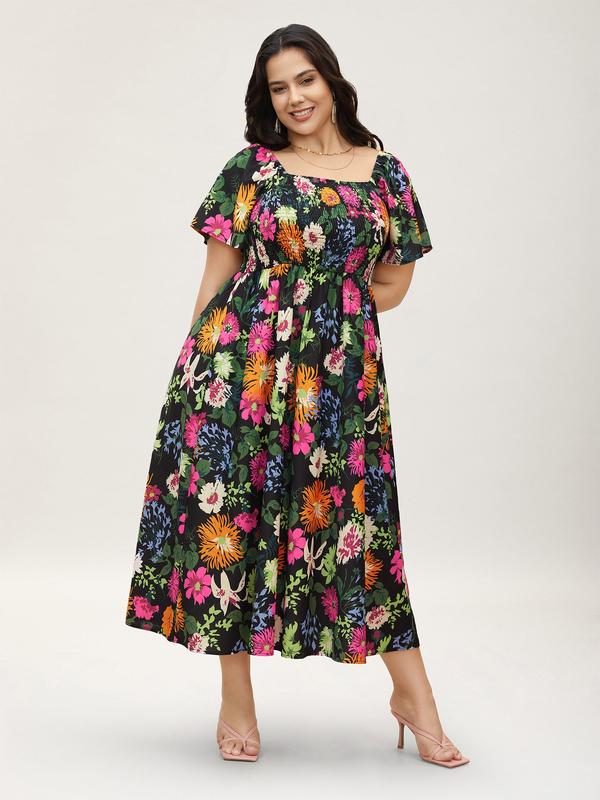 💃Summer Hot Sale 70% OFF🌈Floral Smocked Square Neck Midi Dress with Pockets