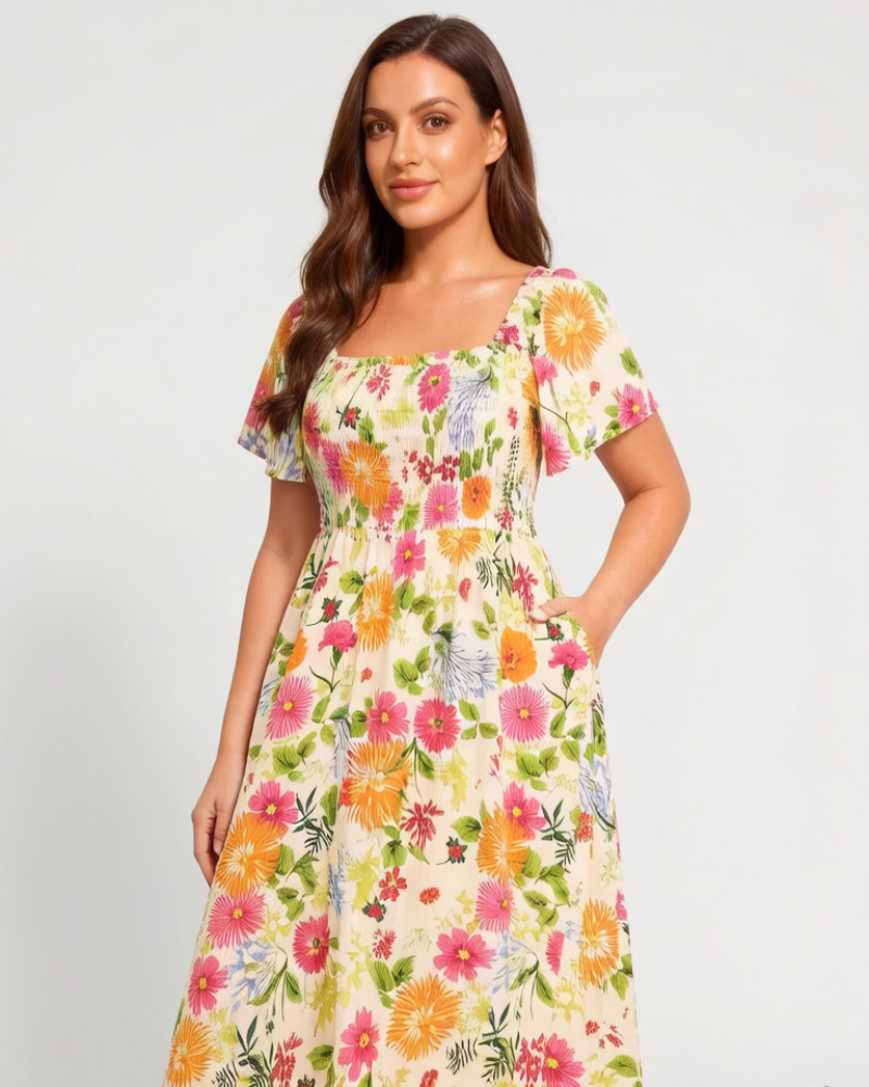 💃Summer Hot Sale 70% OFF🌈Floral Smocked Square Neck Midi Dress with Pockets