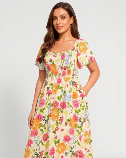 💃Summer Hot Sale 70% OFF🌈Floral Smocked Square Neck Midi Dress with Pockets