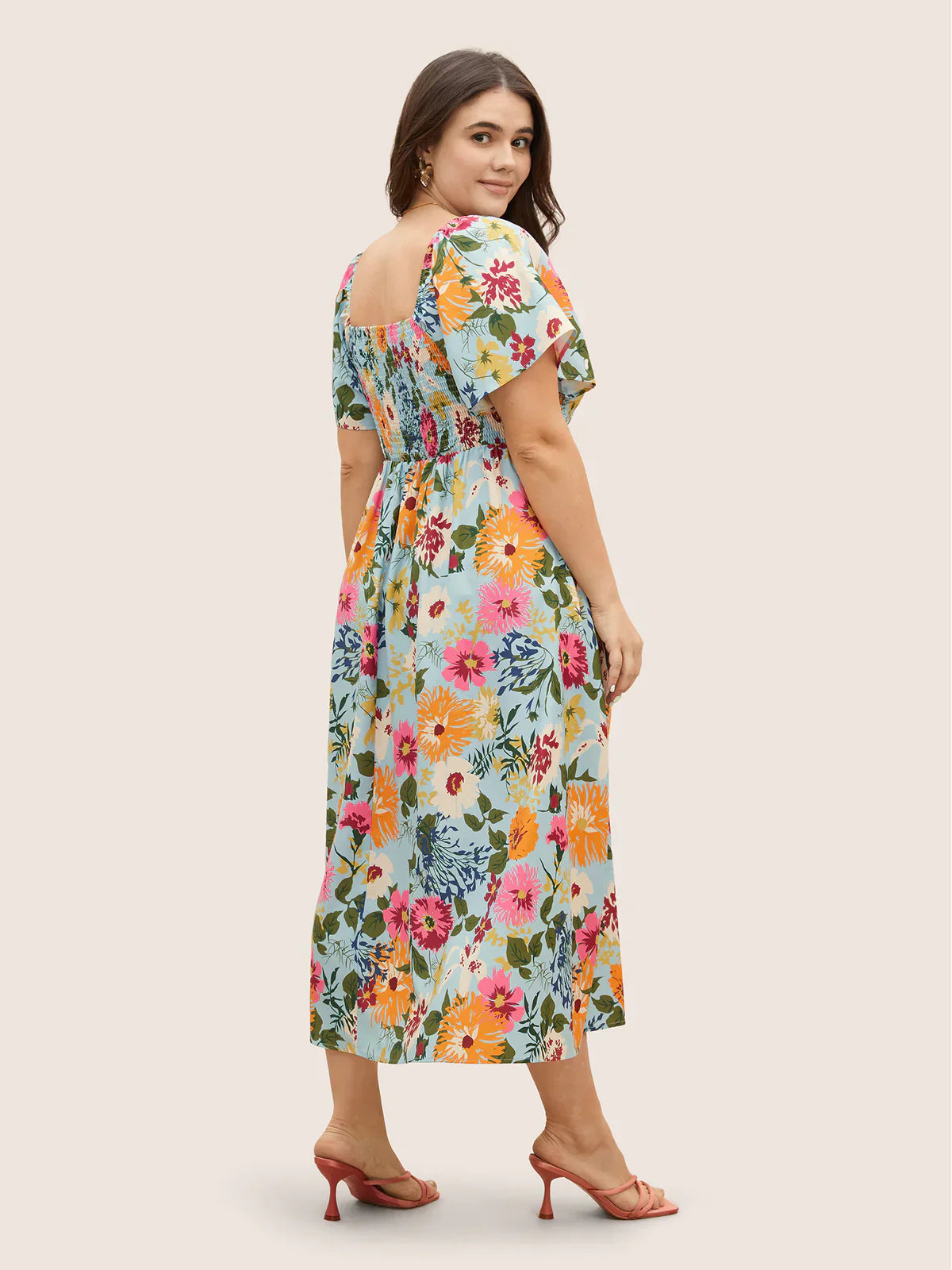 💃Summer Hot Sale 70% OFF🌈Floral Smocked Square Neck Midi Dress with Pockets
