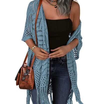 🔥This Week's Special Price:£15.99!!😍Women's Oversized Knitted Cardigan with Crochet Knit and Tassel Trim for Spring & Summer