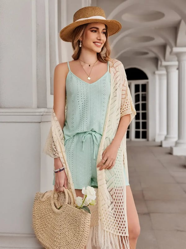🔥This Week's Special Price:£15.99!!😍Women's Oversized Knitted Cardigan with Crochet Knit and Tassel Trim for Spring & Summer