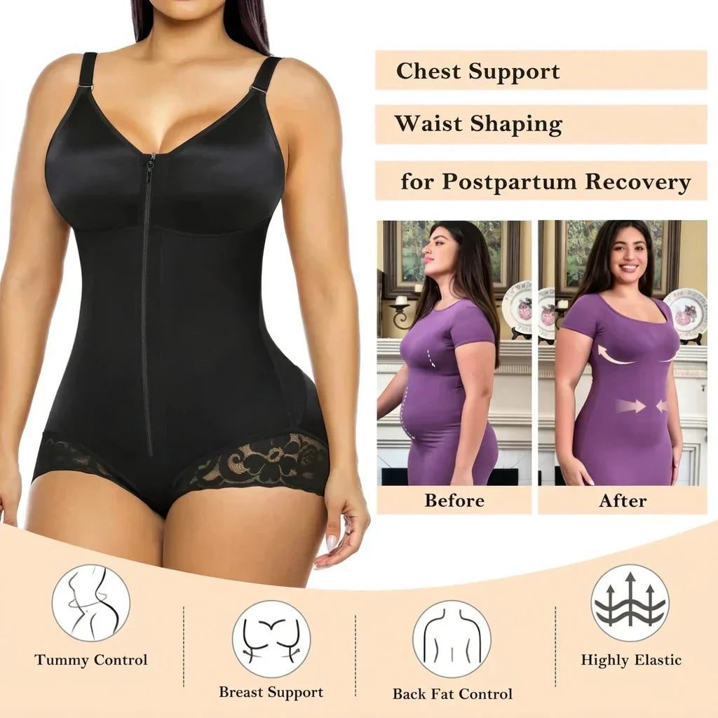 Dual-Zip Tummy Control Shapewear Bodysuit with Anti-Slip Lace
