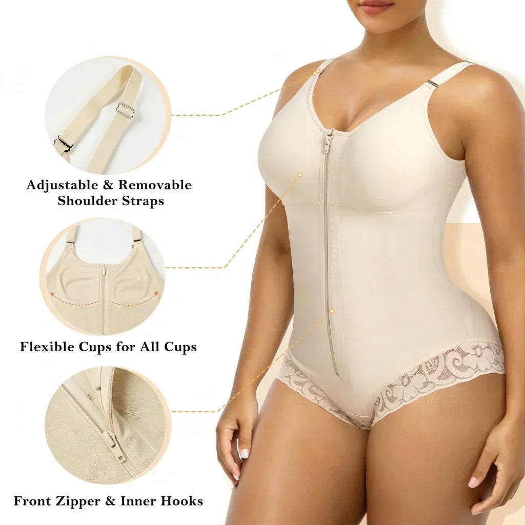 Dual-Zip Tummy Control Shapewear Bodysuit with Anti-Slip Lace