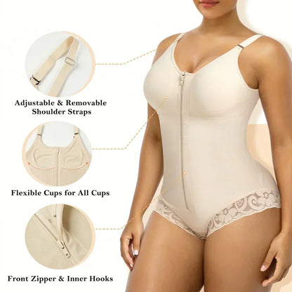 Dual-Zip Tummy Control Shapewear Bodysuit with Anti-Slip Lace