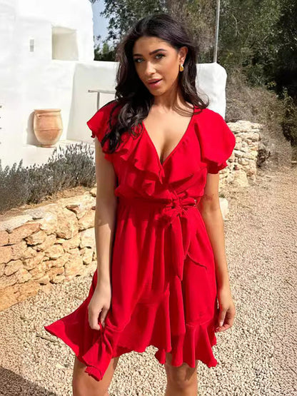 🩷Summer Hot Sale 60% OFF☀️Women's Elegant Waist Tie V-Neck Ruffle Dress