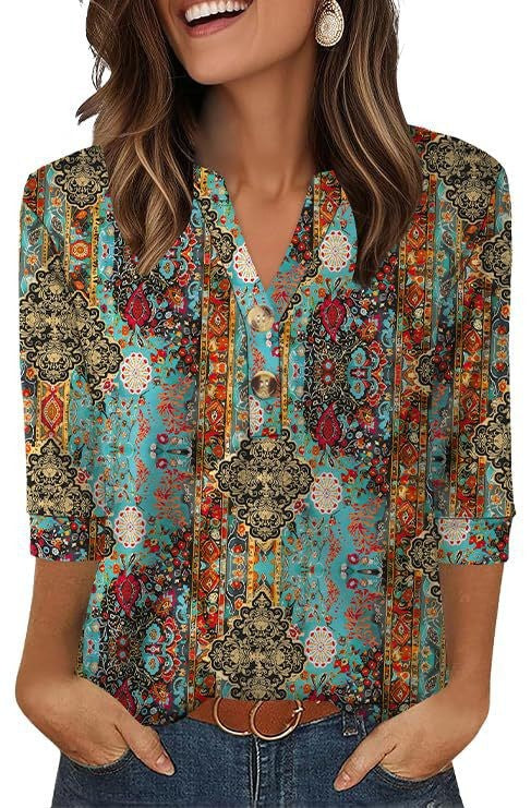 🌸2026 Summer Hot Sale 60% OFF👕Women’s Casual Printed V-Neck Top 3/4 Sleeve Shirts