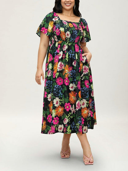 💃Summer Hot Sale 70% OFF🌈Floral Smocked Square Neck Midi Dress with Pockets
