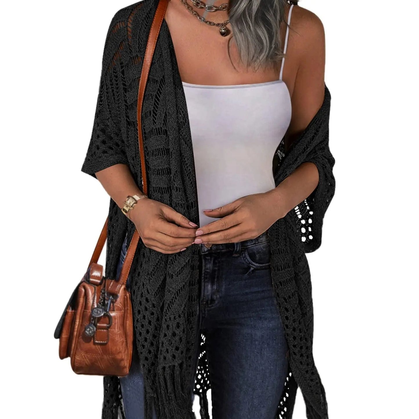 🔥This Week's Special Price:£15.99!!😍Women’s Oversized Knit Cardigan – Lightweight Crochet Tassel Kimono for Spring & Summer 🌸
