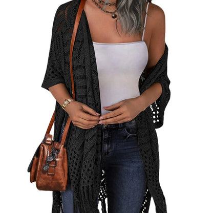 🔥This Week's Special Price:£15.99!!😍Women's Oversized Knitted Cardigan with Crochet Knit and Tassel Trim for Spring & Summer