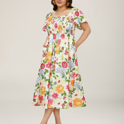 💃Summer Hot Sale 70% OFF🌈Floral Smocked Square Neck Midi Dress with Pockets