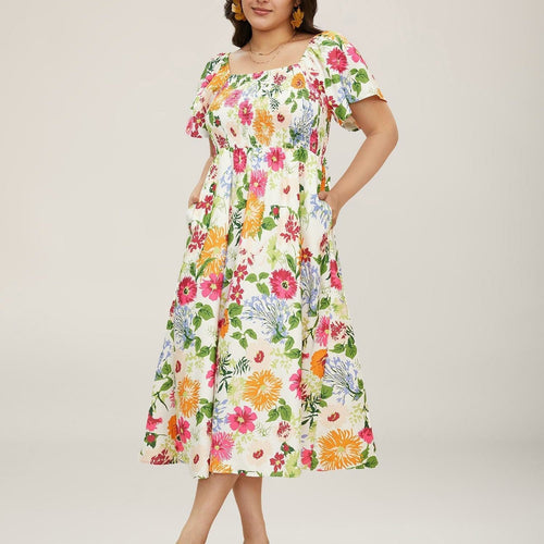 💃Summer Hot Sale 70% OFF🌈Floral Smocked Square Neck Midi Dress with Pockets