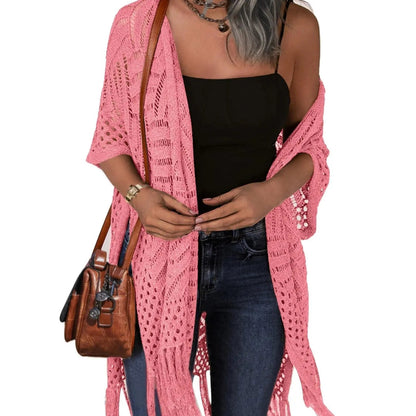 🔥This Week's Special Price:£15.99!!😍Women's Oversized Knitted Cardigan with Crochet Knit and Tassel Trim for Spring & Summer