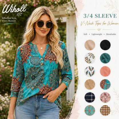 🌸2026 Summer Hot Sale 60% OFF👕Women’s Casual Printed V-Neck Top 3/4 Sleeve Shirts