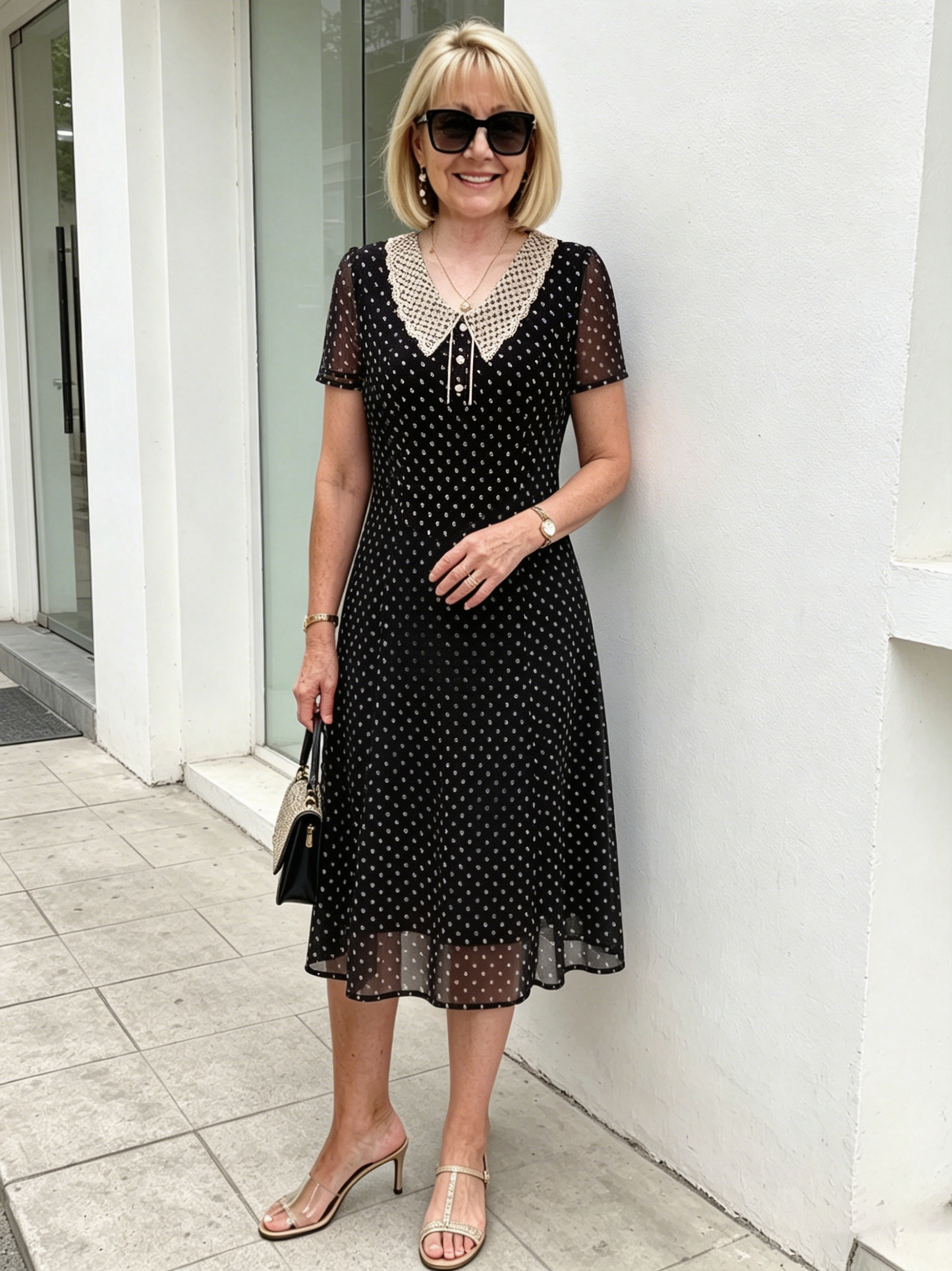 💃Black Polka Dot Mesh Midi Dress for Mature Women
