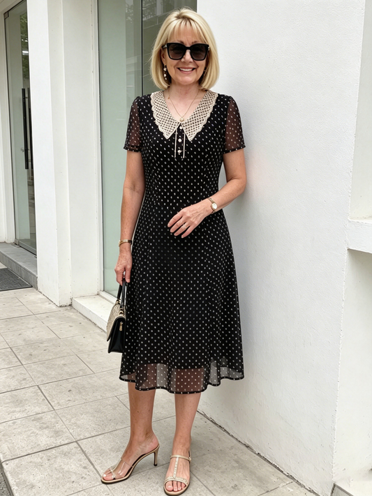 💃Black Polka Dot Mesh Midi Dress for Mature Women