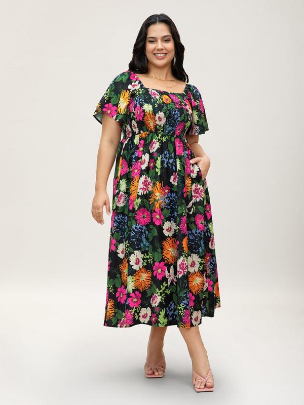 💃Summer Hot Sale 70% OFF🌈Floral Smocked Square Neck Midi Dress with Pockets
