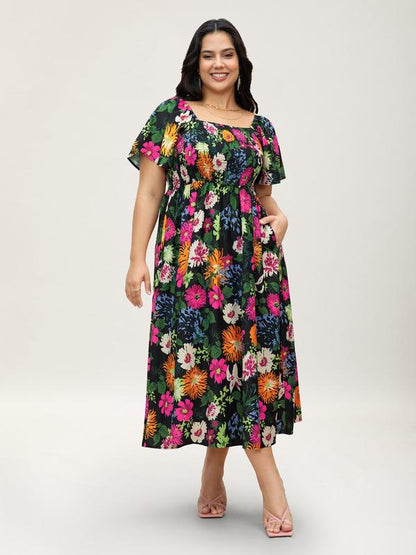 💃Summer Hot Sale 70% OFF🌈Floral Smocked Square Neck Midi Dress with Pockets
