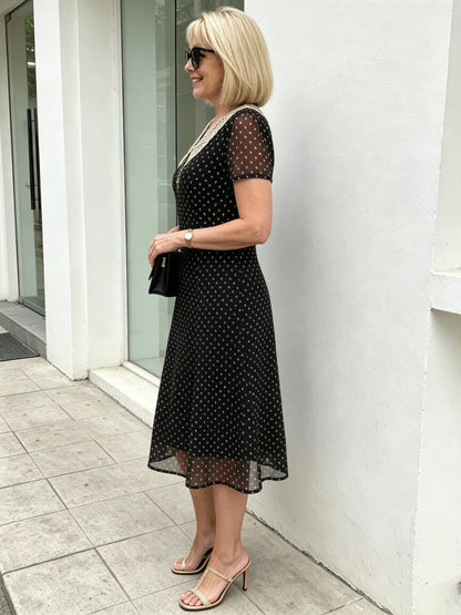 💃Black Polka Dot Mesh Midi Dress for Mature Women
