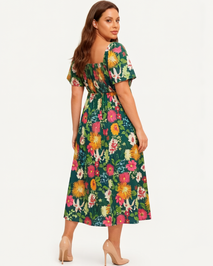 💃Summer Hot Sale 70% OFF🌈Floral Smocked Square Neck Midi Dress with Pockets