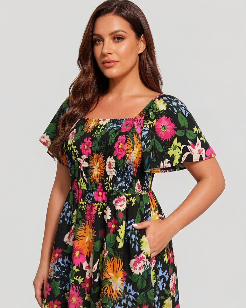 💃Summer Hot Sale 70% OFF🌈Floral Smocked Square Neck Midi Dress with Pockets