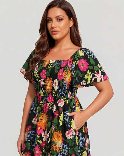💃Summer Hot Sale 70% OFF🌈Floral Smocked Square Neck Midi Dress with Pockets