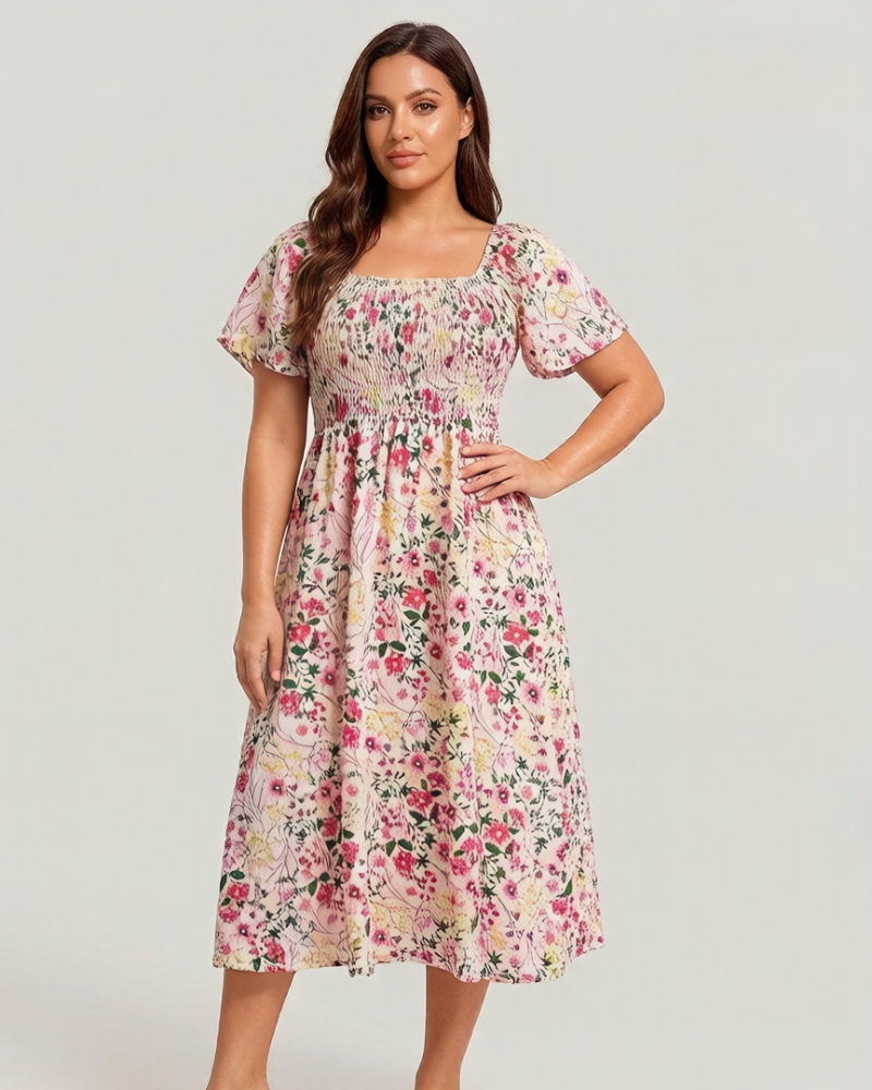 💃Summer Hot Sale 70% OFF🌈Floral Smocked Square Neck Midi Dress with Pockets
