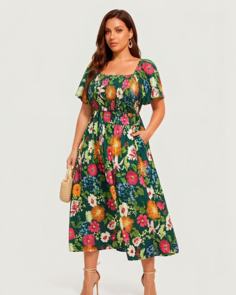 💃Summer Hot Sale 70% OFF🌈Floral Smocked Square Neck Midi Dress with Pockets