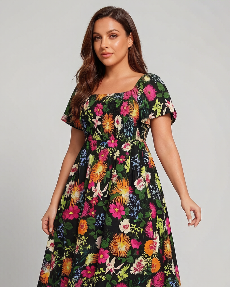 💃Summer Hot Sale 70% OFF🌈Floral Smocked Square Neck Midi Dress with Pockets