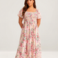 💃Summer Hot Sale 70% OFF🌈Floral Smocked Square Neck Midi Dress with Pockets